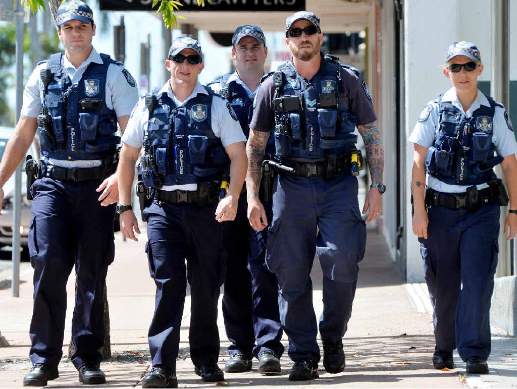 New police task force in Mackay- Constable Tom Bisset, Constable Lorenzo Marabini, Constable Michael Foreman, Senior Constable Gavin Hill and Constable Sam Taylor on the beat Photo Tony Martin / Daily Mercury