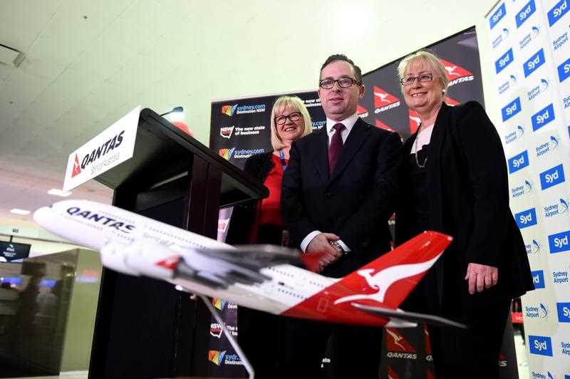 Qantas CEO Alan Joyce, with Sydney International Airport CEO Kerrie Mather (L) and Destination NSW CEO Sandra Chipchase (R), launch a world first A380 service from Sydney to Dallas at Sydney International Airport in Sydney, Monday, Sept. 29, 2014. Qantas CEO Alan Joyce, with Sydney International Airport CEO Kerrie Mather (L) and Destination NSW CEO Sandra Chipchase (R), launch a world first A380 service from Sydney to Dallas at Sydney International Airport in Sydney, Monday, Sept. 29, 2014.