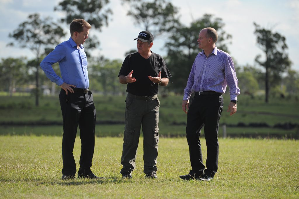 Attorney- General Jarrod Bleijie and Premier Campbell Newman pictured with Hard Yakkas' Bob Davis after a tour of the property. Attorney- General Jarrod Bleijie and Premier Campbell Newman pictured with Hard Yakkas' Bob Davis after a tour of the property.