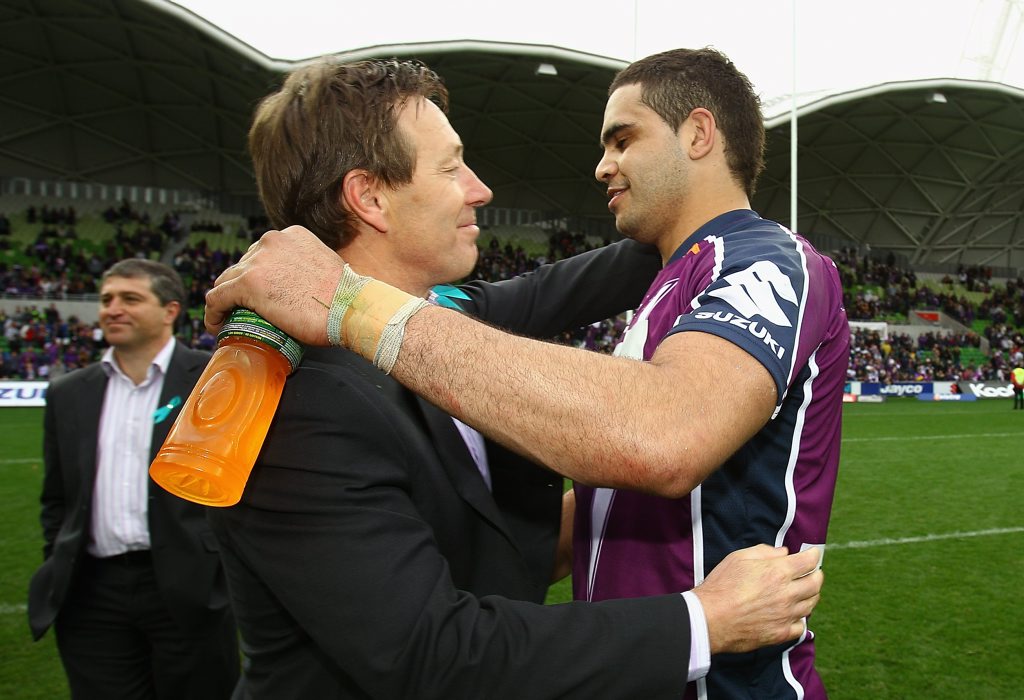 CRAIG Bellamy and Greg Inglis of the Storm hug at the end of the game during the round 26 NRL match between the Melbourne Storm and the Newcastle Knights at AAMI Park on September 5, 2010 in Melbourne. CRAIG Bellamy and Greg Inglis of the Storm hug at the end of the game during the round 26 NRL match between the Melbourne Storm and the Newcastle Knights at AAMI Park on September 5, 2010 in Melbourne.