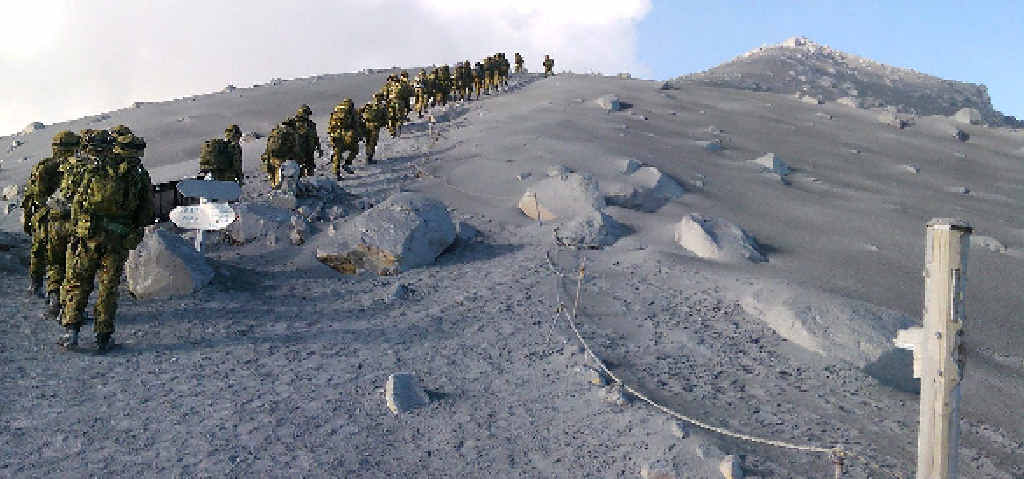 NATURAL DISASTER: Japan’s Ground Self-Defence Force members climb toward the peak ofMt Ontake, which erupted last Saturday. Forty-seven people were confirmed dead four days after the eruption of the volcano in central Japan. NATURAL DISASTER: Japan’s Ground Self-Defence Force members climb toward the peak ofMt Ontake, which erupted last Saturday. Forty-seven people were confirmed dead four days after the eruption of the volcano in central Japan.