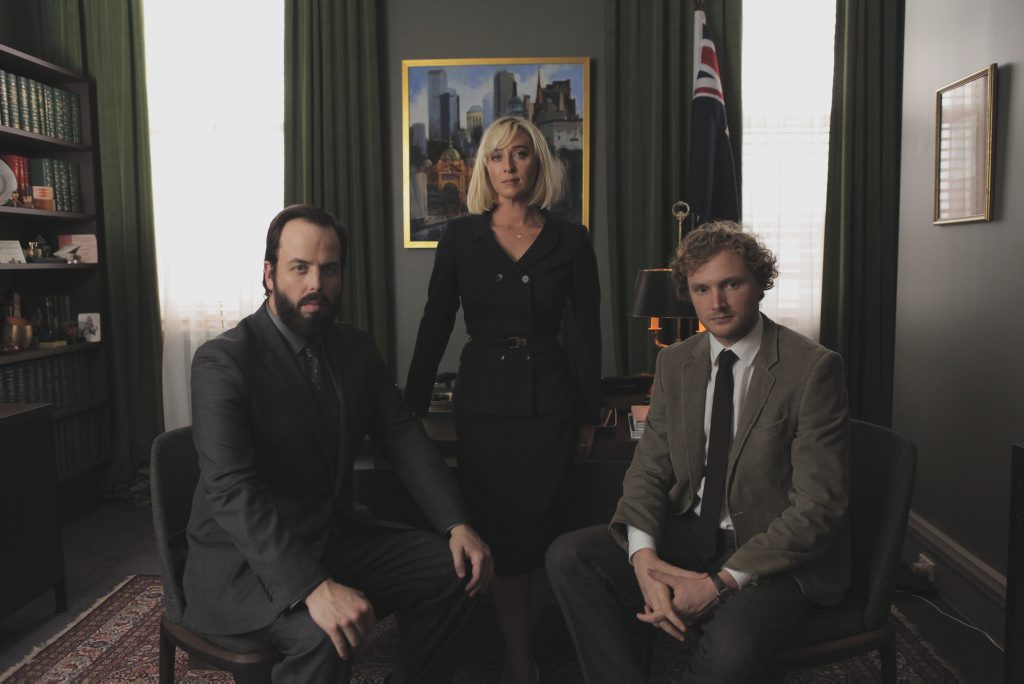 Angus Sampson, Asher Keddie and Charlie Garber in Party Tricks. Angus Sampson, Asher Keddie and Charlie Garber in Party Tricks.