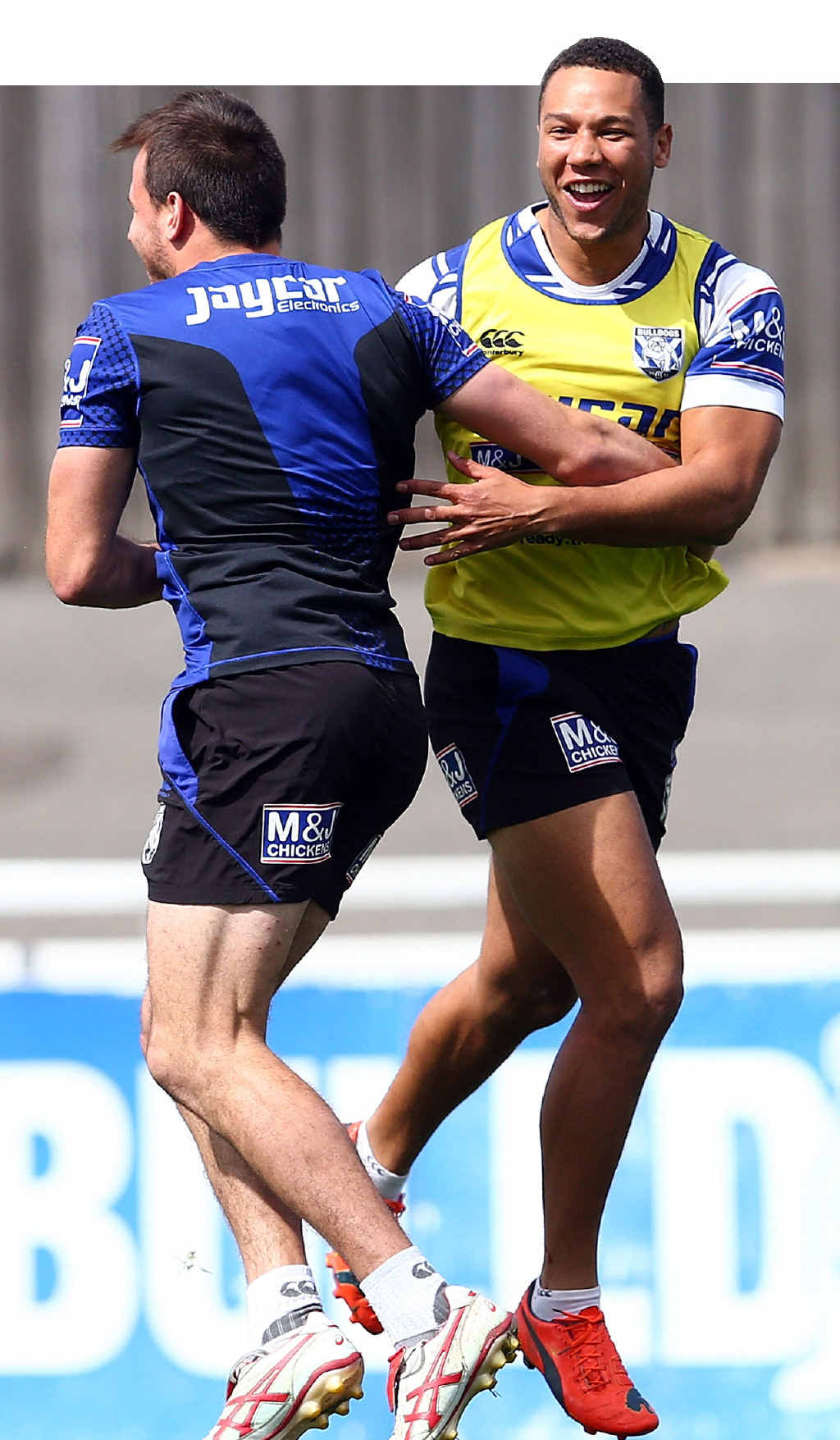 SPRING IN THEIR STEP: The excitement shines through as Canterbury’s Josh Reynolds and Moses Mbye train at Belmore. SPRING IN THEIR STEP: The excitement shines through as Canterbury’s Josh Reynolds and Moses Mbye train at Belmore.