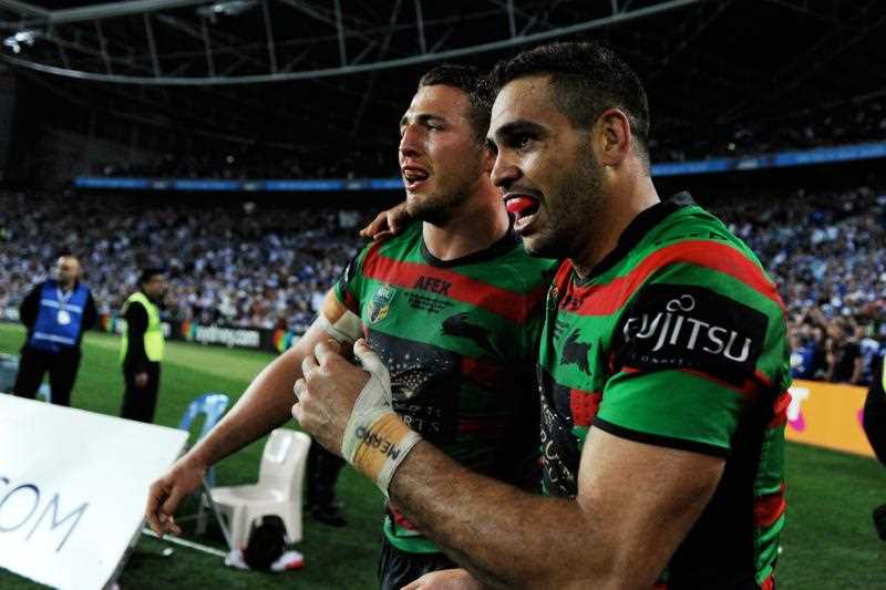 Rabbitohs Sam Burgess and Greg Inglis during their win over the Bulldogs during the 2014 NRL Grand Final match between the South Sydney Rabbitohs and the Canterbury-Bankstown Bulldogs at ANZ Stadium in Sydney, Sunday, Oct. 5, 2014. Rabbitohs Sam Burgess and Greg Inglis during their win over the Bulldogs during the 2014 NRL Grand Final match between the South Sydney Rabbitohs and the Canterbury-Bankstown Bulldogs at ANZ Stadium in Sydney, Sunday, Oct. 5, 2014.