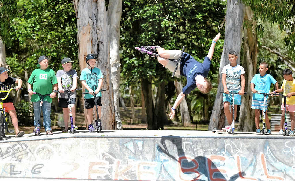 Darcy Cherry-Evans shows his skills at the Slade Point Skate Park as Judd Mooney, Jaxon Mooney, Cody Atherton, Luke Turner, Tyrell Lafituanai, Kaelen Lafituanai and Destin Lafituanai watch on. Darcy Cherry-Evans shows his skills at the Slade Point Skate Park as Judd Mooney, Jaxon Mooney, Cody Atherton, Luke Turner, Tyrell Lafituanai, Kaelen Lafituanai and Destin Lafituanai watch on.