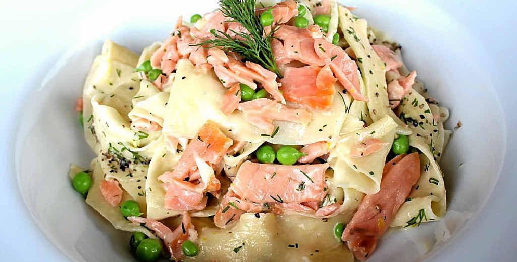 Dan and Steph’s smoked salmon, pea and dill pasta. Dan and Steph’s smoked salmon, pea and dill pasta.