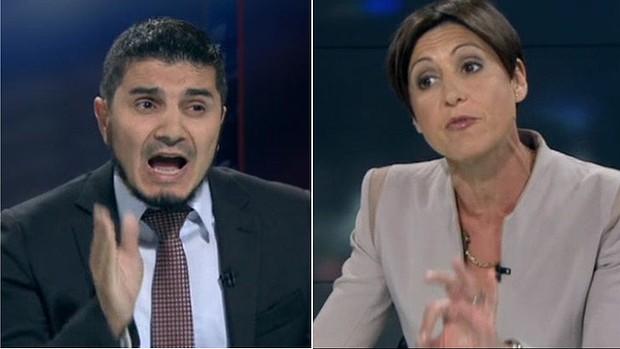 Lateline host Emma Alberici, right, interviews Hizb ut-Tahrir spokesperson Wassim Doureihi.
Lateline host Emma Alberici, right, interviews Hizb ut-Tahrir spokesperson Wassim Doureihi.