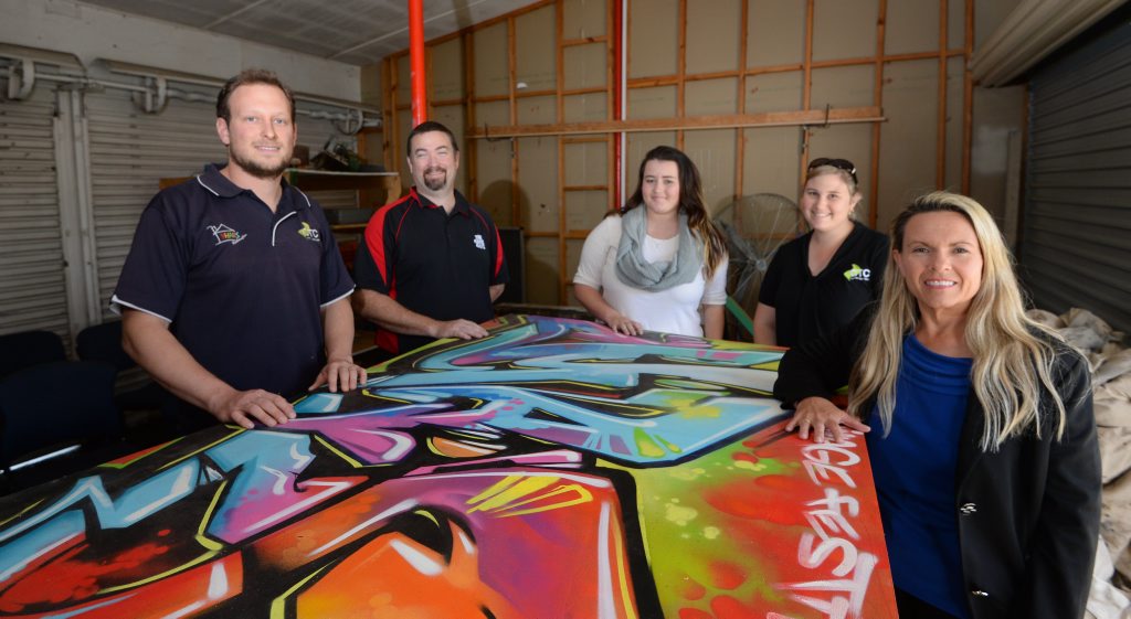 L-R Martin Schlick (YHARS), Andrew Parnell (Good Guys), Kaysie Steger (client), Tammie Muston (CTC) and Jenny Smith (CTC) in the area soon to be converted into a Youth Space for young clients. Photo: Chris Ison / The Morning Bulletin L-R Martin Schlick (YHARS), Andrew Parnell (Good Guys), Kaysie Steger (client), Tammie Muston (CTC) and Jenny Smith (CTC) in the area soon to be converted into a Youth Space for young clients. Photo: Chris Ison / The Morning Bulletin