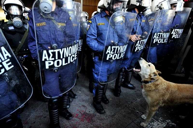The dog nicknamed Loukanikos or 'sausage' barks in front of Greek riot police in central Athens on December 8, 2010. Greek media reports on October 8, 2014 that the internationally famous dog, has died after he retired from protests in Athens. The dog was often photographed facing off with riot police and running through tear gas during demonstrations. The dog nicknamed Loukanikos or 'sausage' barks in front of Greek riot police in central Athens on December 8, 2010. Greek media reports on October 8, 2014 that the internationally famous dog, has died after he retired from protests in Athens. The dog was often photographed facing off with riot police and running through tear gas during demonstrations.