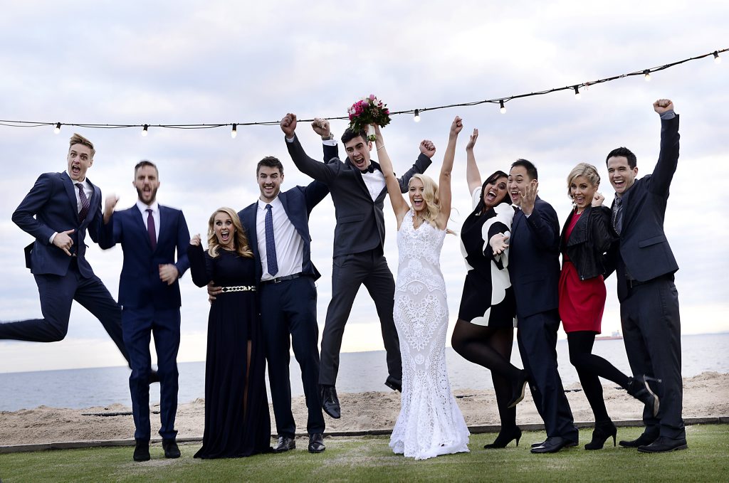 Max and Karstan, centre, pictured during their wedding on The Block Glasshouse. Also pictured, from left, Simon and Shannon, Dee and Darren, Chris and Jenna and Michael and Carlene. Max and Karstan, centre, pictured during their wedding on The Block Glasshouse. Also pictured, from left, Simon and Shannon, Dee and Darren, Chris and Jenna and Michael and Carlene.