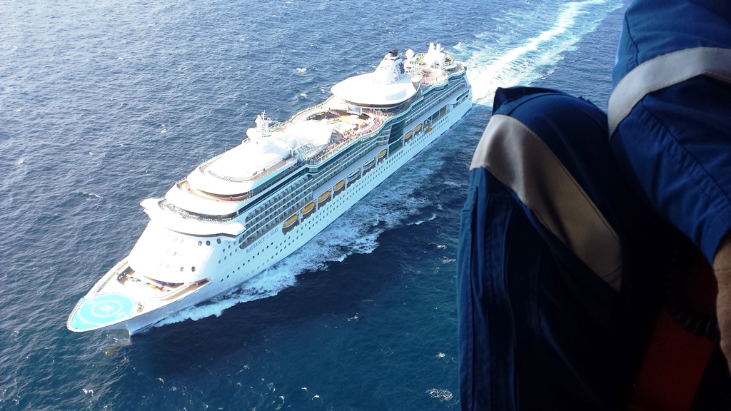 The Westpac Life Saver Rescue Helicopter was tasked to the Radiance of the Seas cruise ship off Coffs Harbour to transport a passenger suffering from abdominal pains. Photo: Westpac Life Saver Rescue Helicopter The Westpac Life Saver Rescue Helicopter was tasked to the Radiance of the Seas cruise ship off Coffs Harbour to transport a passenger suffering from abdominal pains. Photo: Westpac Life Saver Rescue Helicopter