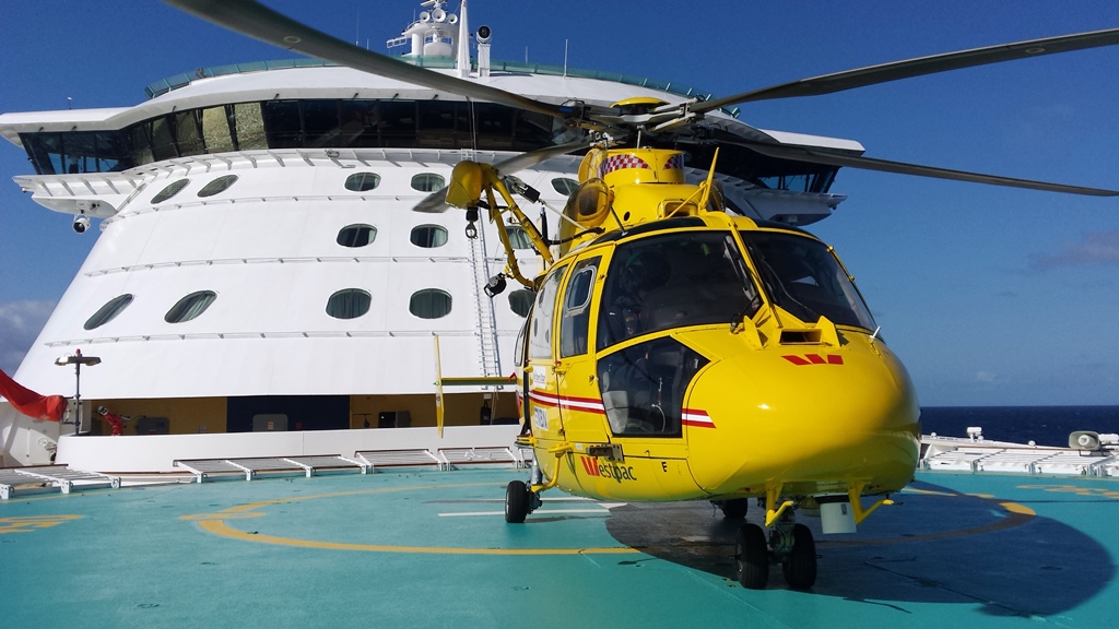 The Westpac Life Saver Rescue Helicopter was tasked to the Radiance of the Seas cruise ship off Coffs Harbour to transport a passenger suffering from abdominal pains. The Westpac Life Saver Rescue Helicopter was tasked to the Radiance of the Seas cruise ship off Coffs Harbour to transport a passenger suffering from abdominal pains.