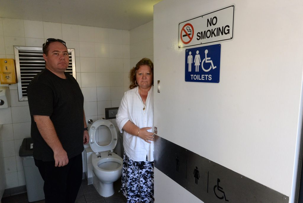 FAULTY LOCK: Diane Edmonds and her son Michael Edmonds. Diane was trapped in the Bourbong St public toilets for 20 minutes. Photo: Mike Knott / NewsMail FAULTY LOCK: Diane Edmonds and her son Michael Edmonds. Diane was trapped in the Bourbong St public toilets for 20 minutes. Photo: Mike Knott / NewsMail