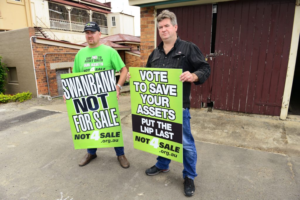 SAVE OUR KIDS: ETU organiser Stuart Traill and state secretary Peter Simpson warn apprentices will suffer under the LNP’s leasing plans. SAVE OUR KIDS: ETU organiser Stuart Traill and state secretary Peter Simpson warn apprentices will suffer under the LNP’s leasing plans.