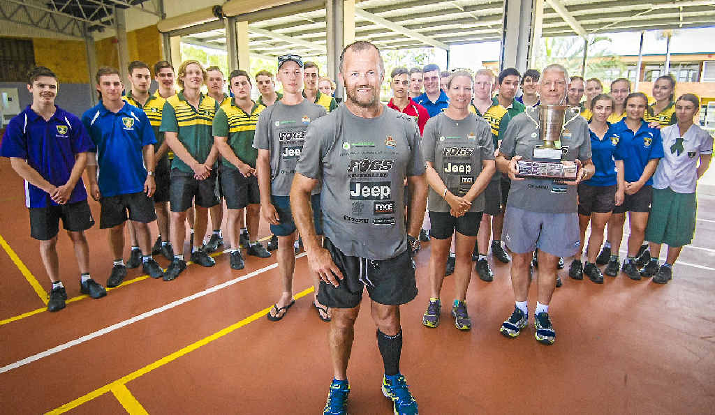 Queensland rugby league legend Trevor Gillmeister, with Aiden, 17, and mum Sandra Williamson and her dad Don Booth with students from Chanel College. Queensland rugby league legend Trevor Gillmeister, with Aiden, 17, and mum Sandra Williamson and her dad Don Booth with students from Chanel College.