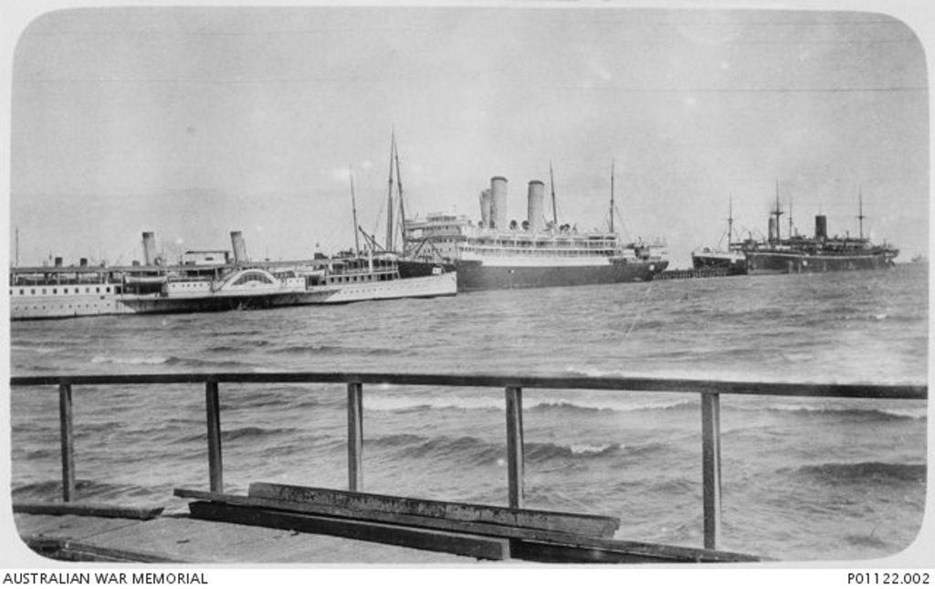 Australian troops ships Orvieto and Omrah wait in Port Melbourne in October 1914 to sail with the first convoy to King George's Sound, off Albany, WA, and then to Egypt. Courtesy of Australian War Memorial P01122.002 Australian troops ships Orvieto and Omrah wait in Port Melbourne in October 1914 to sail with the first convoy to King George's Sound, off Albany, WA, and then to Egypt. Courtesy of Australian War Memorial P01122.002