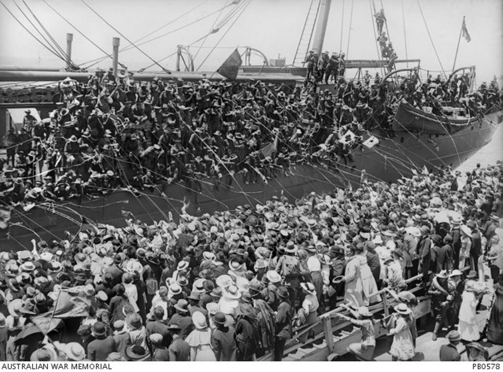 Crowds often gave enthusiastic farewells to troop ships setting sail for war, but these started to taper off as death and casualty numbers mounted. Courtesy of Australian War Memorial PB0578 Crowds often gave enthusiastic farewells to troop ships setting sail for war, but these started to taper off as death and casualty numbers mounted. Courtesy of Australian War Memorial PB0578