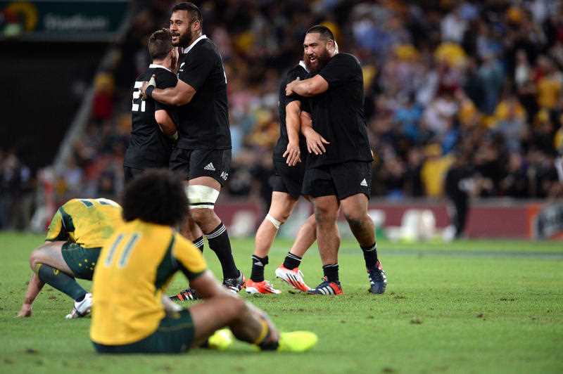 All Blacks players celebrate their win over the Wallabies in their third Bledisloe Test at Suncorp Stadium in Brisbane, Saturday, Oct. 18, 2014. The All Blacks won 29-28. All Blacks players celebrate their win over the Wallabies in their third Bledisloe Test at Suncorp Stadium in Brisbane, Saturday, Oct. 18, 2014. The All Blacks won 29-28.