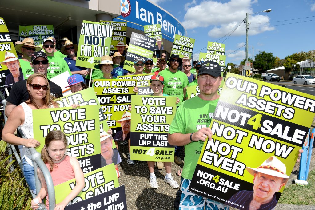 MORE TO COME: Stuart Traill leads his group of protestors at the Not 4 Sale rally outside MP Ian Berry’s Booval office. MORE TO COME: Stuart Traill leads his group of protestors at the Not 4 Sale rally outside MP Ian Berry’s Booval office.