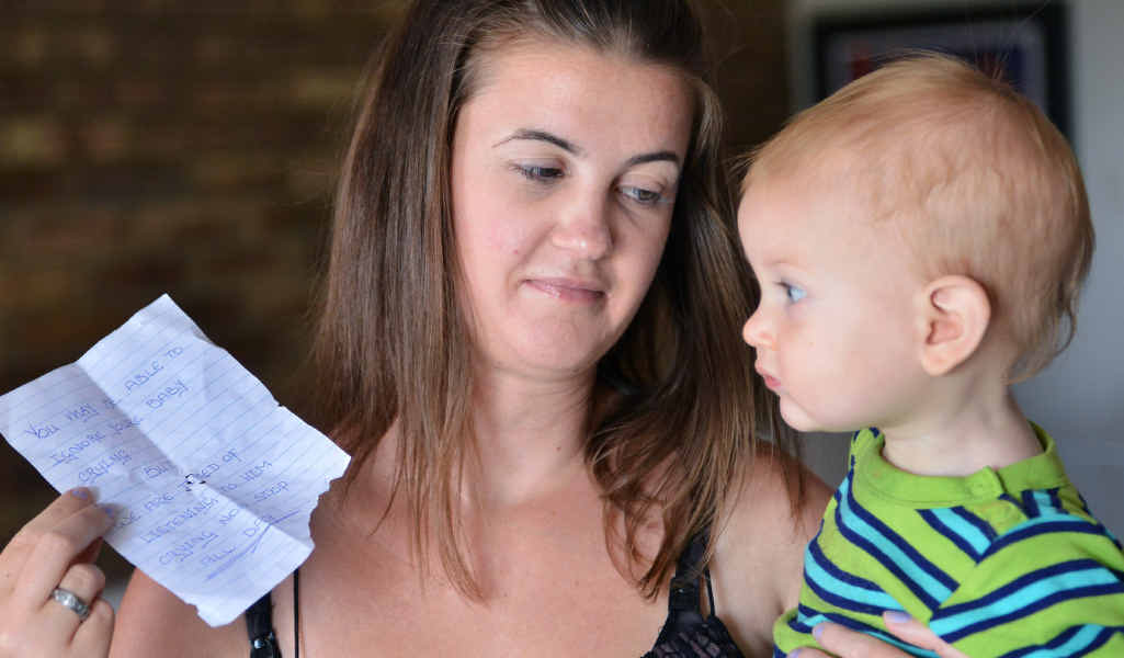 Trish La Forty, with her baby Will Harbers, found a note in her mailbox. Trish La Forty, with her baby Will Harbers, found a note in her mailbox.