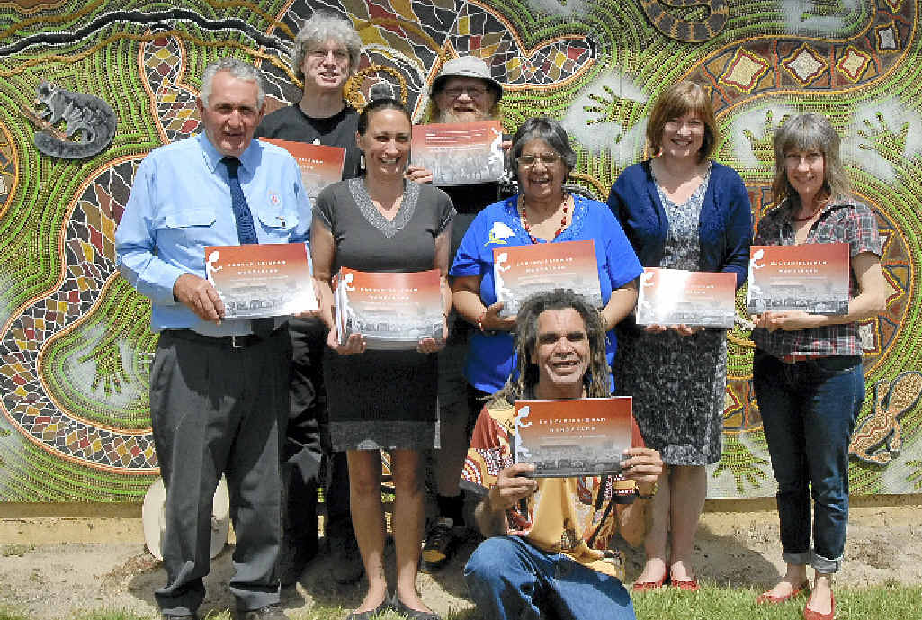 Front, mural artist Gilbert Laurie; middle from left, John Gibson, Danielle Parmenter, Aunty Thelma James, Professor Barbara Rugendyke, Cynthia McDermott; rear Dr Rob Garbutt and Uncle Mickey Ryan. Front, mural artist Gilbert Laurie; middle from left, John Gibson, Danielle Parmenter, Aunty Thelma James, Professor Barbara Rugendyke, Cynthia McDermott; rear Dr Rob Garbutt and Uncle Mickey Ryan.