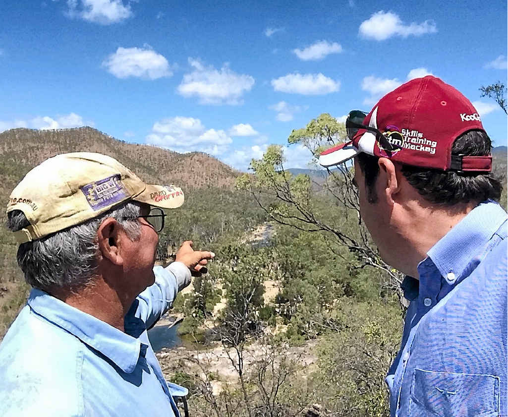 DAM PLANS: Station owner Mick Cook shows Whitsunday MP Jason Costigan where the water would back up along Massey Creek on his property, if the dam is built on the Broken River, 60km south, south-west of Proserpine. DAM PLANS: Station owner Mick Cook shows Whitsunday MP Jason Costigan where the water would back up along Massey Creek on his property, if the dam is built on the Broken River, 60km south, south-west of Proserpine.