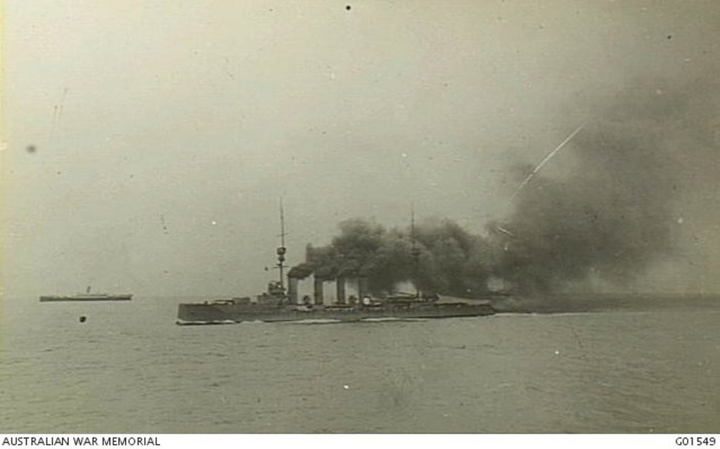 HMAS Minotaur at the front of the convoy formation in early November, with the Ibuki just behind it, spewing out its enormous plumes of black smoke. Courtesy of Australian War Memorial G01549 HMAS Minotaur at the front of the convoy formation in early November, with the Ibuki just behind it, spewing out its enormous plumes of black smoke. Courtesy of Australian War Memorial G01549