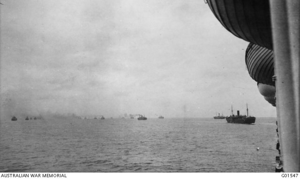 The first Australian and New Zealand convoy cross the Indian Ocean on November 1, in this picture taken by official war historian Charles Bean. Courtesy of Australian War Memorial G01547 The first Australian and New Zealand convoy cross the Indian Ocean on November 1, in this picture taken by official war historian Charles Bean. Courtesy of Australian War Memorial G01547