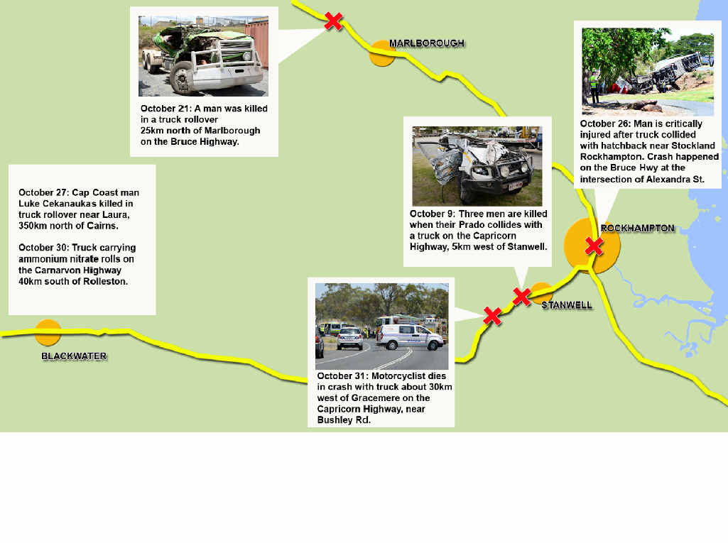 A map shows the sites of serious crashes on Central Queensland roads this month. A map shows the sites of serious crashes on Central Queensland roads this month.
