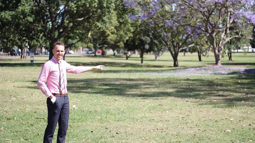 Councillor Daniel Sanderson points out where the new skate area will be built. 