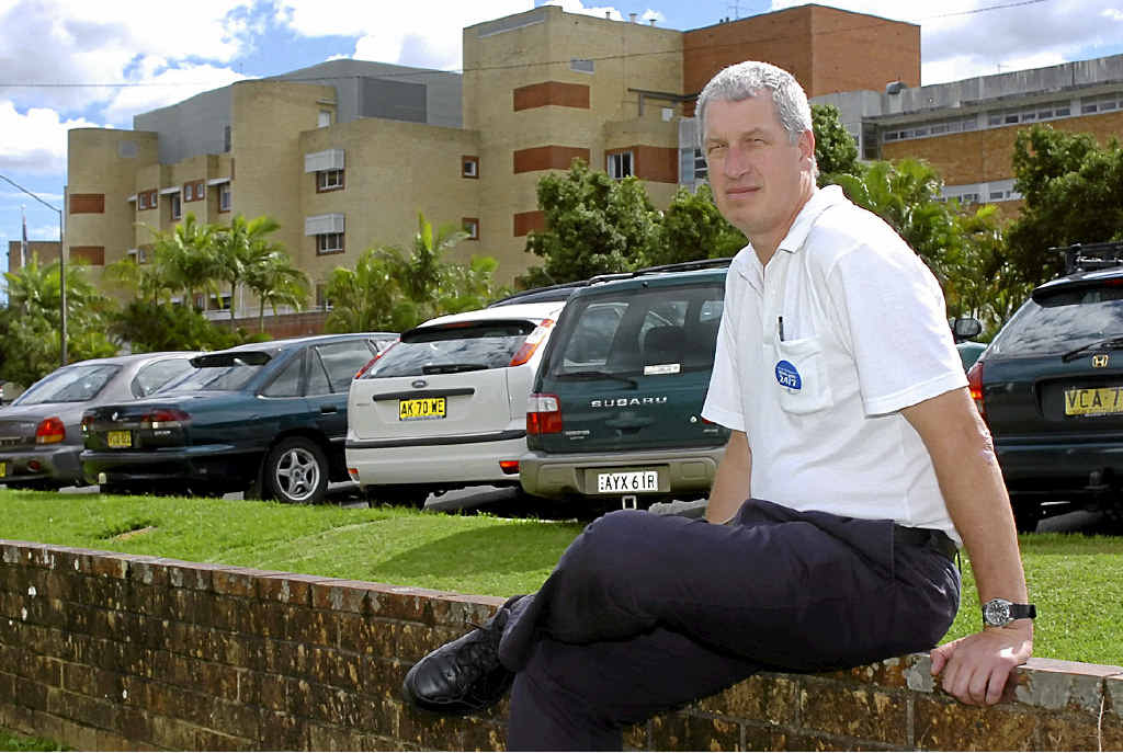 Gil Wilson, in front of Lismore Base Hospital. Gil Wilson, in front of Lismore Base Hospital.
