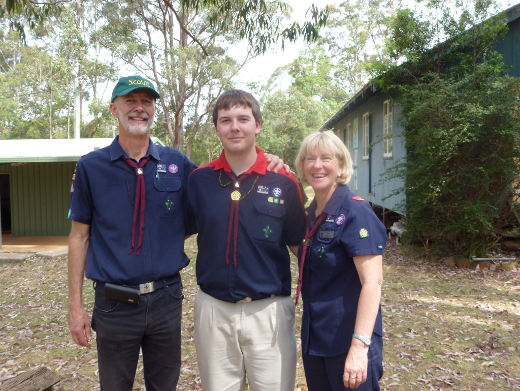 Highfields Venturer's leader Lloyd Goulter, Queens Award Winner Alex Doyle and Highfields Venturer assistant leader Ann-Maree Goulter.