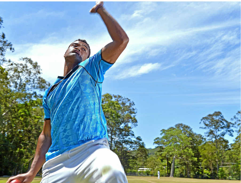 BIG MAN: Fijian fast bowler Viliame Manakitoga warms up in Buderim yesterday. BIG MAN: Fijian fast bowler Viliame Manakitoga warms up in Buderim yesterday.