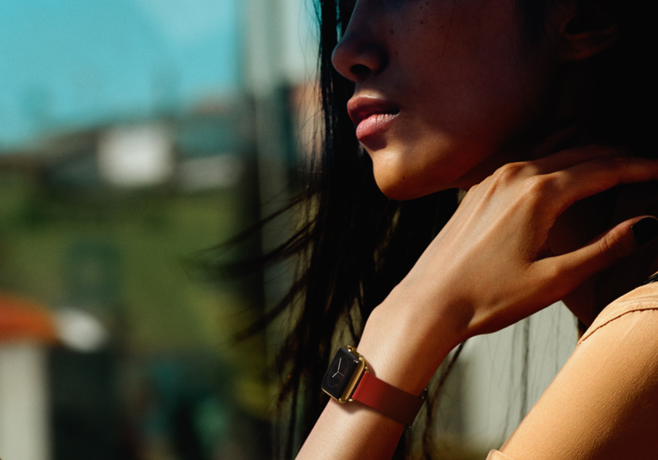 A model, shown on Apple's website, wears a 18-karat yellow gold Apple Watch. A model, shown on Apple's website, wears a 18-karat yellow gold Apple Watch.