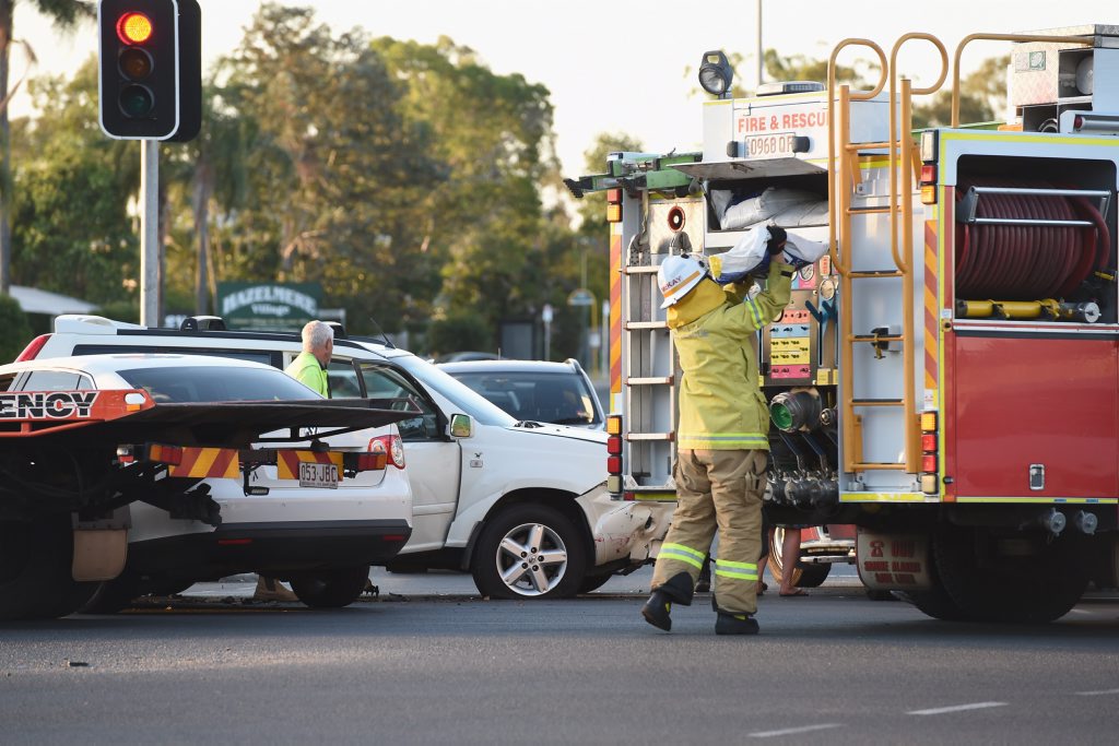 Emergency service workers at the scene of a crash on the corner of Ibis Blvd and Maryborough-Hervey Bay Rd. Emergency service workers at the scene of a crash on the corner of Ibis Blvd and Maryborough-Hervey Bay Rd.