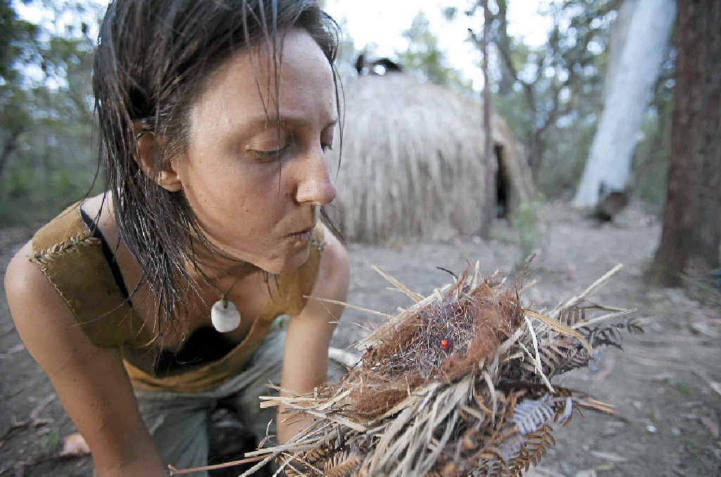CLAIRE DUNN: Pictured, above, with a tinder bundle and, top row, from left, a fire providing central heating and also allowing indoor cooking during long periods of summer rain; using a grasstree stalk and no small measure of elbow grease to coax a coal from the wood shavings in the notch in her Wild Tobacco base-board; and a short hike from home, the Sunrise Tree provided a elevated view of the Banksia heath around Claire’s camp. CLAIRE DUNN: Pictured, above, with a tinder bundle and, top row, from left, a fire providing central heating and also allowing indoor cooking during long periods of summer rain; using a grasstree stalk and no small measure of elbow grease to coax a coal from the wood shavings in the notch in her Wild Tobacco base-board; and a short hike from home, the Sunrise Tree provided a elevated view of the Banksia heath around Claire’s camp.