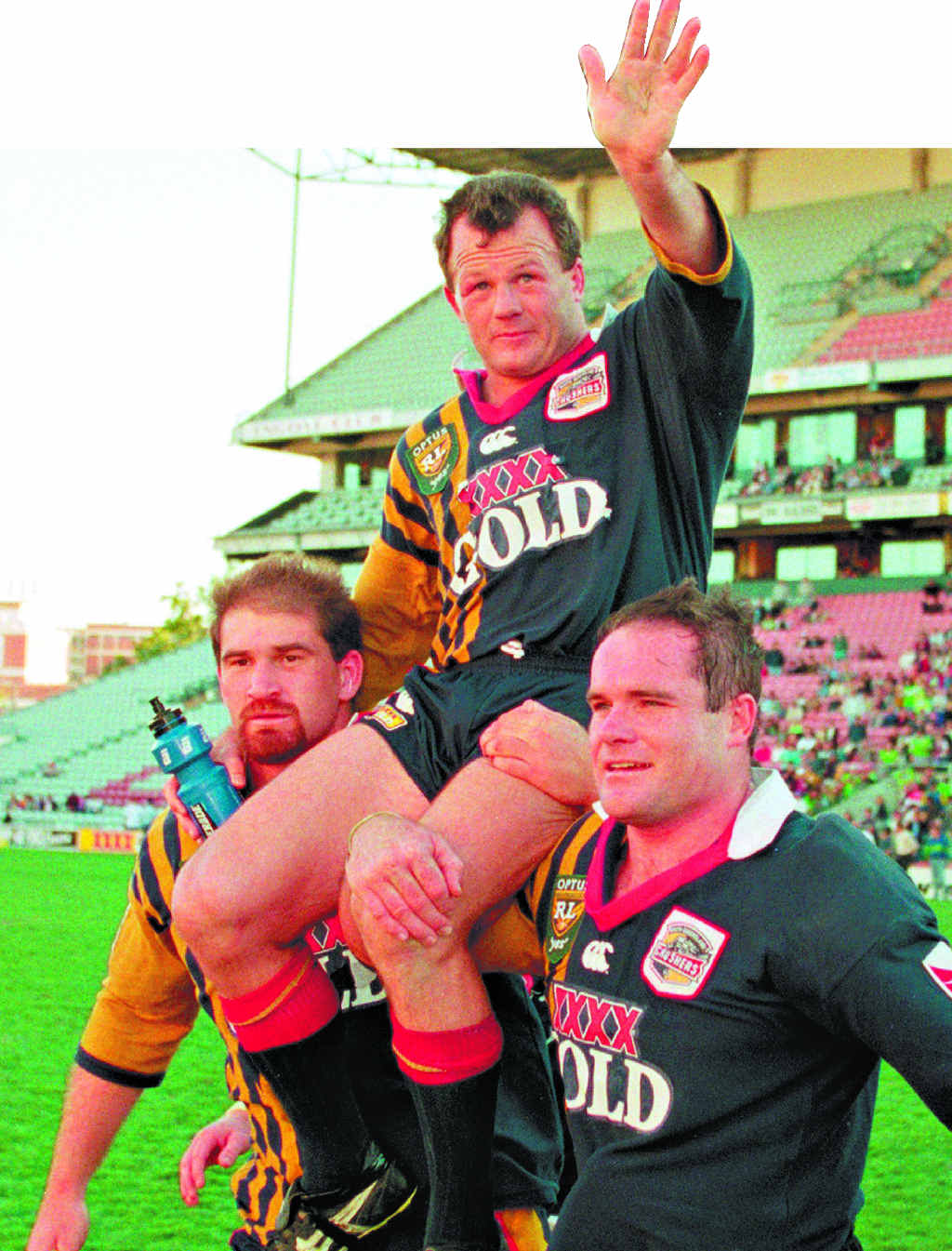 Trevor Gillmeister of the Crushers is chaired off the ground by teammates after playing his last match for the South Queensland Crushers. Trevor Gillmeister of the Crushers is chaired off the ground by teammates after playing his last match for the South Queensland Crushers.