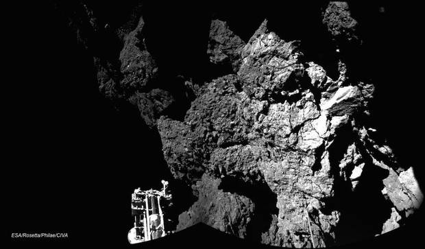 The Philae lander bounced hundreds of metres away from its designated landing site and is currently at the foot of a cliff. The Philae lander bounced hundreds of metres away from its designated landing site and is currently at the foot of a cliff.