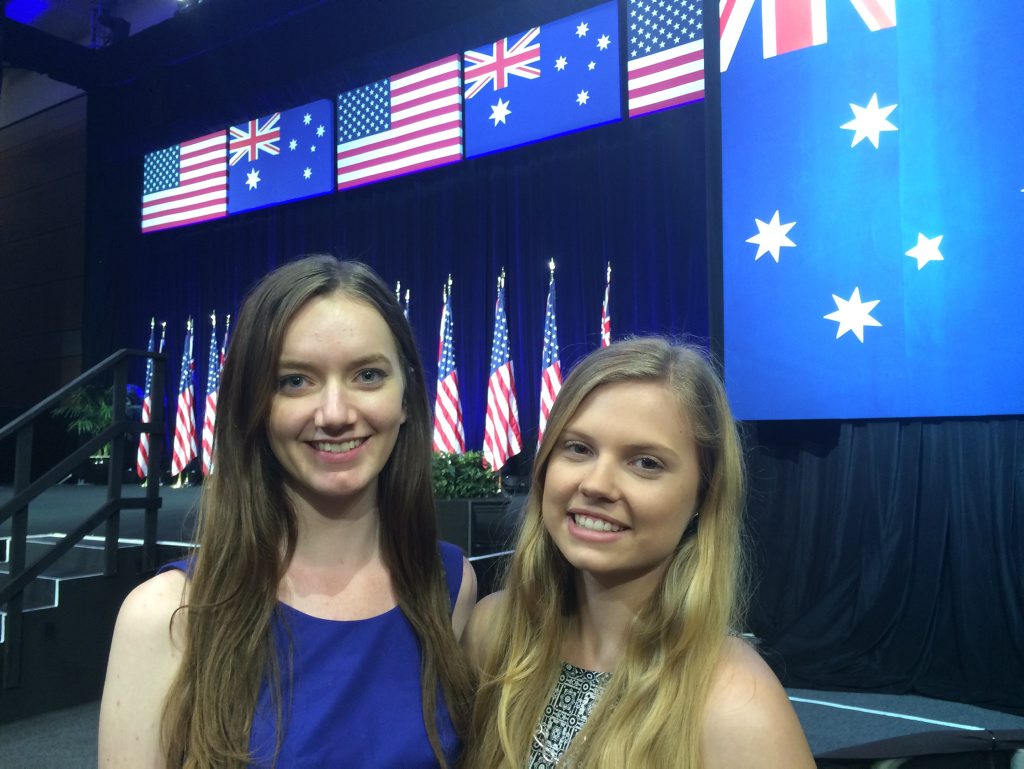 Griffith University students Megan Currey, from Mackay, and Jessica Lawrie, from Rockhampton, at United States President Barack Obama's speech at University of Queensland ahead of the G20 Leaders' Summit. Photo Rae Wilson / Newsdesk Griffith University students Megan Currey, from Mackay, and Jessica Lawrie, from Rockhampton, at United States President Barack Obama's speech at University of Queensland ahead of the G20 Leaders' Summit. Photo Rae Wilson / Newsdesk