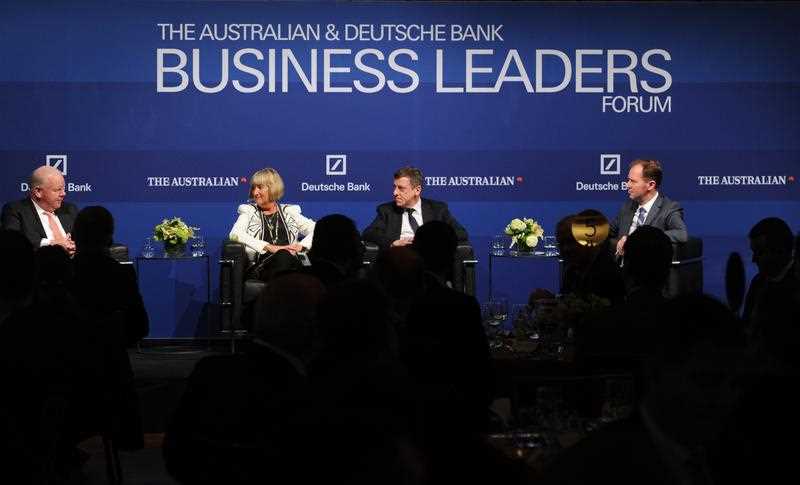 ANZ Group CEO Mike Smith, Spotless Chairman Margaret Jackson, Wesfarmers commercial director Ian MacLeod and journalist Eric Johnson have a discuss on stage at a Business Leaders Forum at Mural Hall in Melbourne, Friday, Oct. 17, 2014. The business leaders spoke about continuing volatility in the global economy. ANZ Group CEO Mike Smith, Spotless Chairman Margaret Jackson, Wesfarmers commercial director Ian MacLeod and journalist Eric Johnson have a discuss on stage at a Business Leaders Forum at Mural Hall in Melbourne, Friday, Oct. 17, 2014. The business leaders spoke about continuing volatility in the global economy.