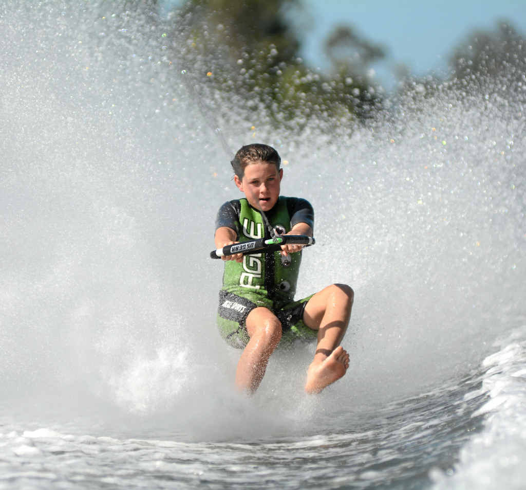 NO SKIS: Liam Press, 15, took to the water for Gladstone’s first barefoot waterskiing tournament in a decade over the weekend. NO SKIS: Liam Press, 15, took to the water for Gladstone’s first barefoot waterskiing tournament in a decade over the weekend.