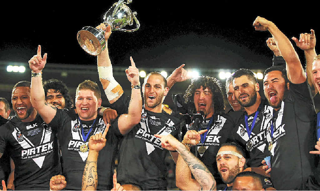 CHAMPIONS: New Zealand players celebrate after winning the Four Nations final on Saturday night. CHAMPIONS: New Zealand players celebrate after winning the Four Nations final on Saturday night.