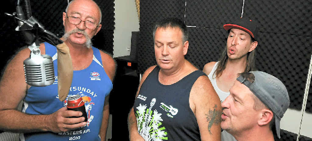 THEME SONG: Jack Lumby, Shane Bartlett, Pete Vincent and Kevin Fanke, recording the timeless hit ’Walk a Mile in My Shoes’, which will be used as the signature theme of the Bald Eagles’ suicide awareness campaign. Photo by Mel Deacon / Pretty Flash Images THEME SONG: Jack Lumby, Shane Bartlett, Pete Vincent and Kevin Fanke, recording the timeless hit ’Walk a Mile in My Shoes’, which will be used as the signature theme of the Bald Eagles’ suicide awareness campaign. Photo by Mel Deacon / Pretty Flash Images