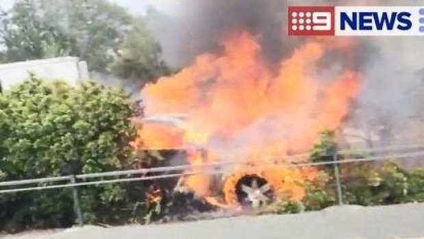 A truck burns on the M1 near Oxenford. Photo: Nine News A truck burns on the M1 near Oxenford. Photo: Nine News