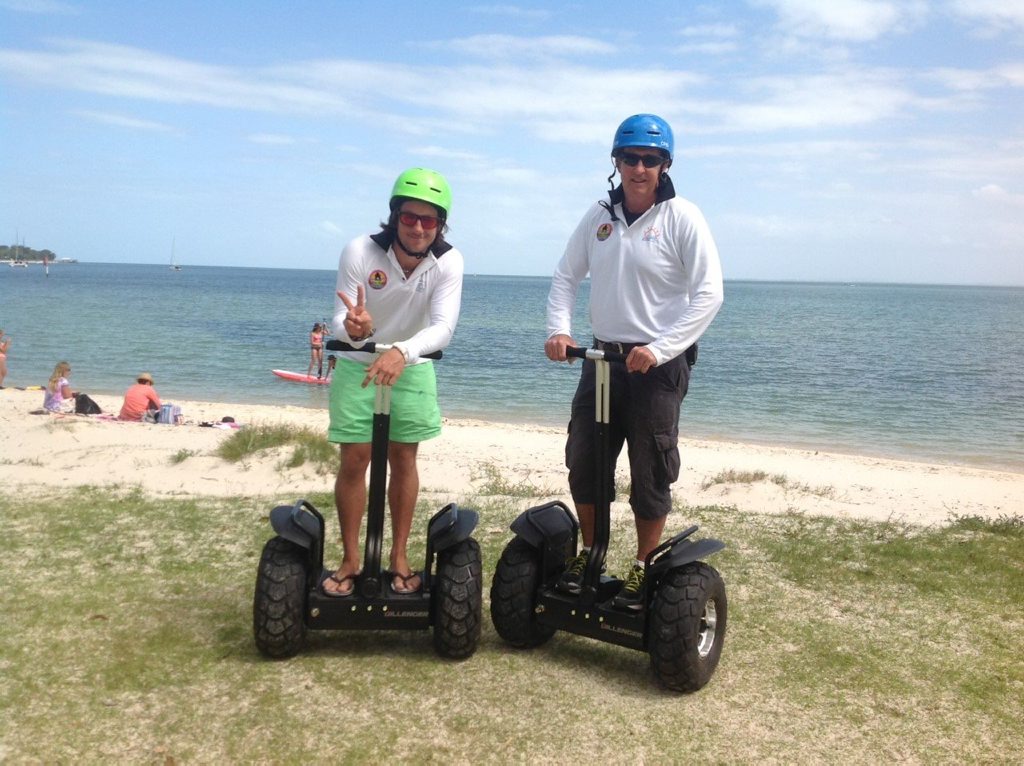 Simon and Paul Mansbridge show off some segways on offer for hire at Bribie Island Hire Hut and Tours. Photo Contributed. Simon and Paul Mansbridge show off some segways on offer for hire at Bribie Island Hire Hut and Tours. Photo Contributed.