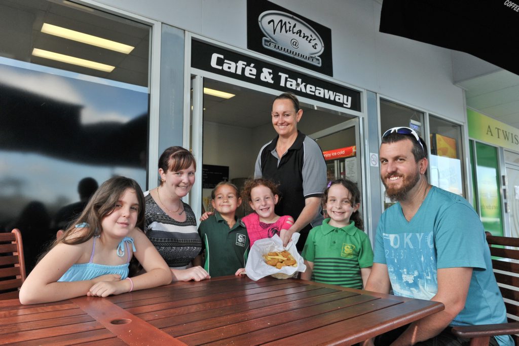 Haylee McDonald, 10, Kylee McDonald, Tyler Milani, 6, Caitlyn McDonald, 6, Jo Wilson, Maddison McDonald, 6, and Hayden McDonald at Milani's Cafe and Takeaway. Haylee McDonald, 10, Kylee McDonald, Tyler Milani, 6, Caitlyn McDonald, 6, Jo Wilson, Maddison McDonald, 6, and Hayden McDonald at Milani's Cafe and Takeaway.