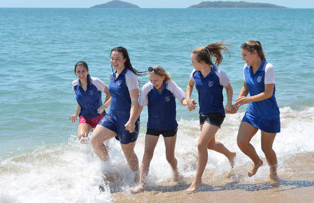 SCHOOLIES SPLASH: Mackay North State High School Year 12 graduates (from left) Gabby Bristow, Asia Rodgers, Stephanie McPhee, Kaitlyn Sartor and Taylor Collett celebrate their last day at Harbour Beach. SCHOOLIES SPLASH: Mackay North State High School Year 12 graduates (from left) Gabby Bristow, Asia Rodgers, Stephanie McPhee, Kaitlyn Sartor and Taylor Collett celebrate their last day at Harbour Beach.