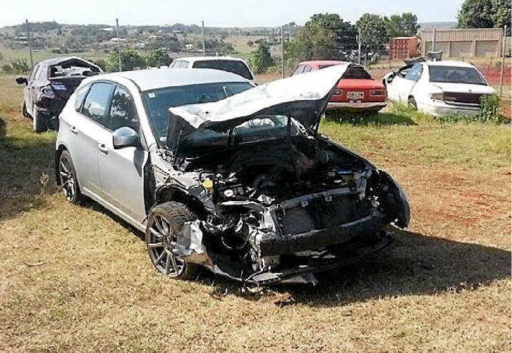 FATAL: What remains of Peter Nixon’s Subaru Impreza after Saturday night’s three-vehicle crash at Goodwood Rd, North Gregory, that claimed the life of 36-year-old mother-of-five Amanda “Mandy” Roberts. FATAL: What remains of Peter Nixon’s Subaru Impreza after Saturday night’s three-vehicle crash at Goodwood Rd, North Gregory, that claimed the life of 36-year-old mother-of-five Amanda “Mandy” Roberts.
