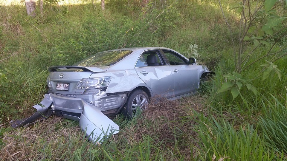 Witnesses say this stolen car almost hit a B double and multiple cars along the way. Photo: Damien Cummins via Sunshine Coast Daily Facebook page Witnesses say this stolen car almost hit a B double and multiple cars along the way. Photo: Damien Cummins via Sunshine Coast Daily Facebook page