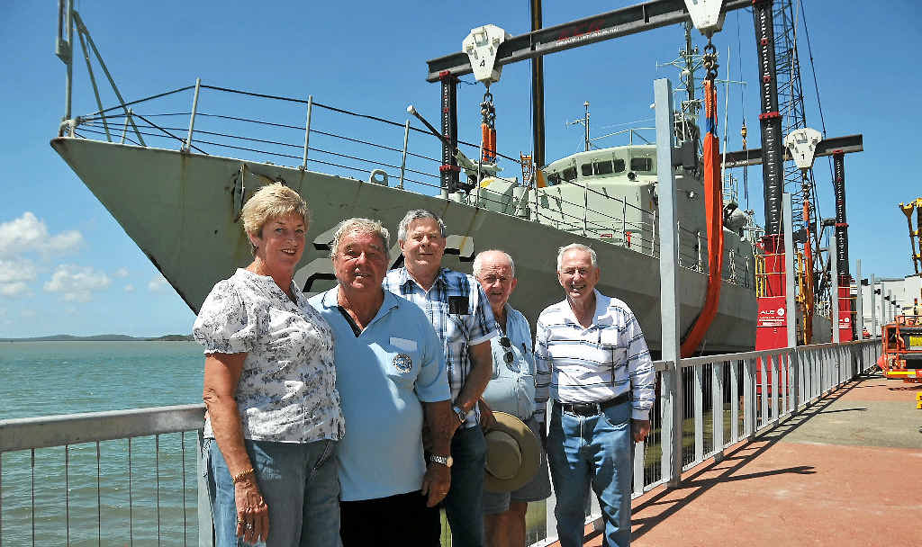 PLEASED: Gladstone Maritime Museum volunteers Deanna and Lindsay Wassell, Ian Griffiths, Errol Page and Noel Bowley were excited to see HMAS Gladstone docked at East Shores. PLEASED: Gladstone Maritime Museum volunteers Deanna and Lindsay Wassell, Ian Griffiths, Errol Page and Noel Bowley were excited to see HMAS Gladstone docked at East Shores.